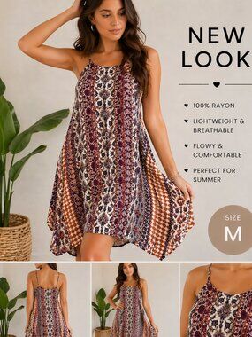 New Look Boho Mini Dress Medium Handkerchief Hem Rayon Festival Lagenlook Tunic